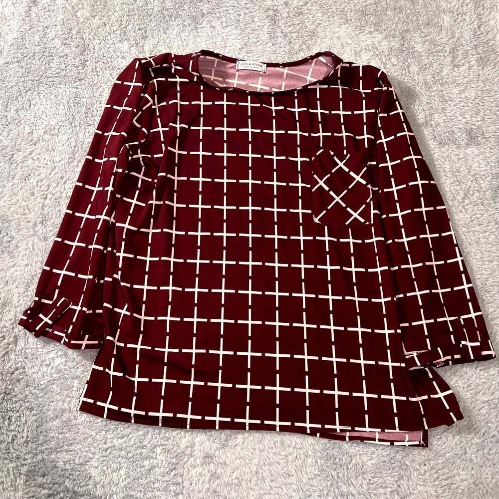 Jon & Anna Contemporary Blouse Top Womens 3X White Red Check Roll Tab Sleeve